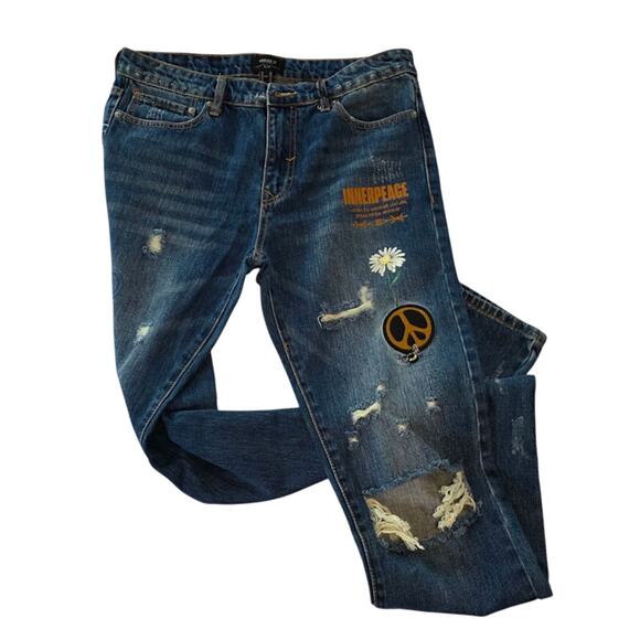 Forever 21 Other - Forever 21 Men's Slim Fit Patch Jeans 32 Peace Embroidered Painted Streetwear